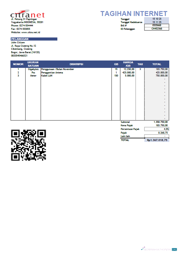 download download Indonesia Citranet utility bill template in Word and PDF formats PDF template PDF template